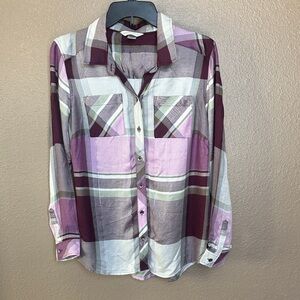 Christopher & Banks Plaid Button Down Shirt - Purple and White